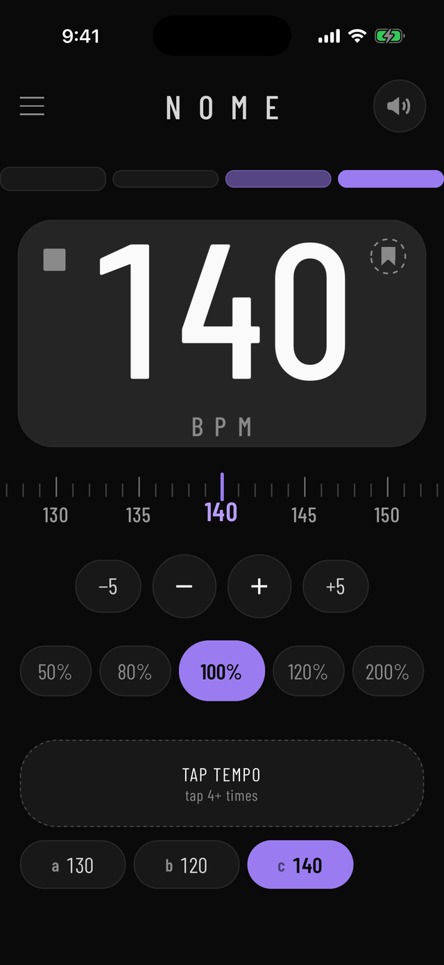 NOME's main screen: the tempo large in the center, beat lane above, ruler and controls below.