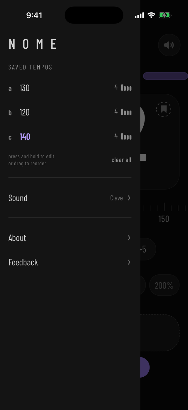 The menu drawer: saved tempos, each with its own meter, above the sound picker.